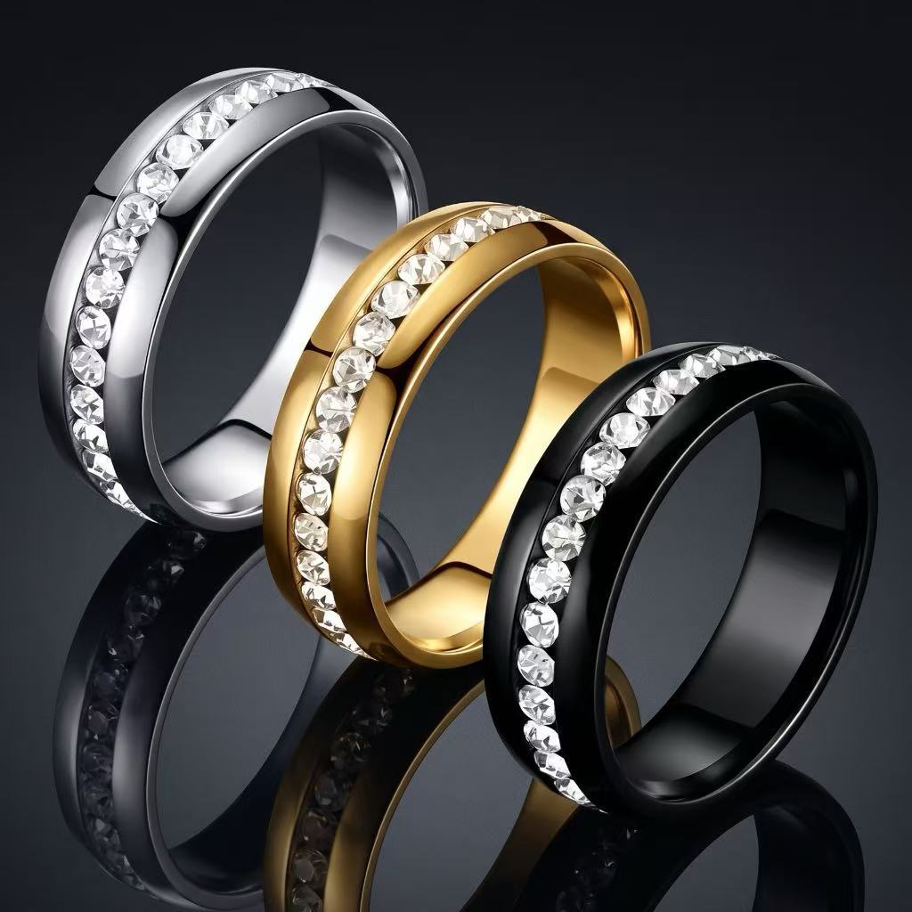 Stainless steel ring with diamonds, titanium steel ring