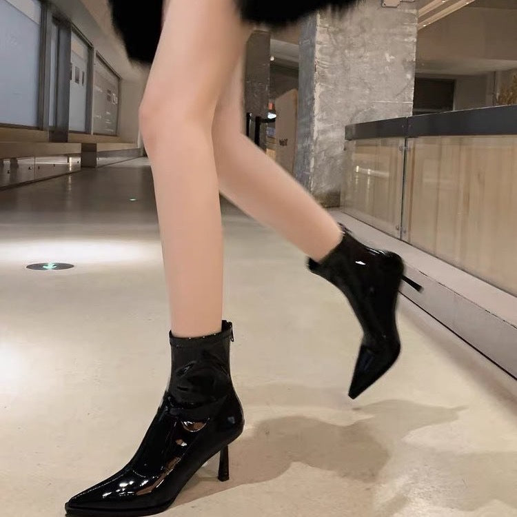 Patent Leather Pointed Toe Stiletto Heel Ankle Boots